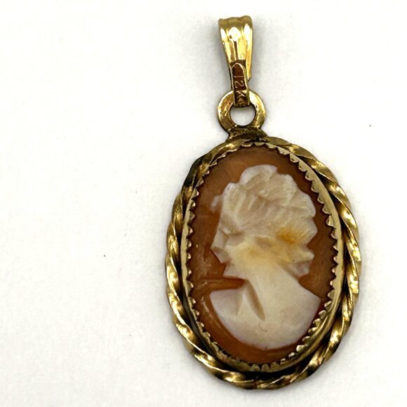 Vintage 1/20 12K GF Left Facing Cameo Pendant Oval Shell Gold Filled Rope Frame - Picture 10 of 13